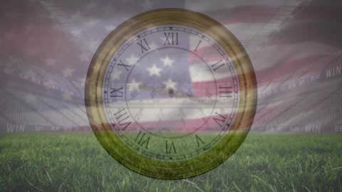 Animation of clock and flag of america over low angle view of grass and empty Stock Footage 247123830