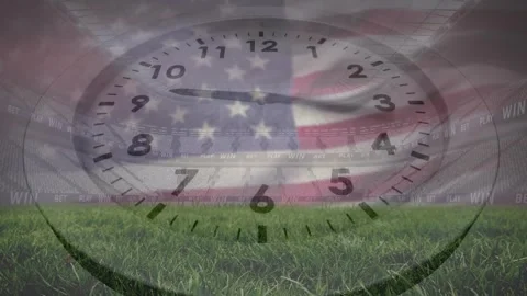 Animation of clock and flag of america over low angle view of grass and empty Stock Footage 247123838