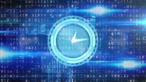 Animation of clock and lights over binary code on blue background Stock Footage 201595130