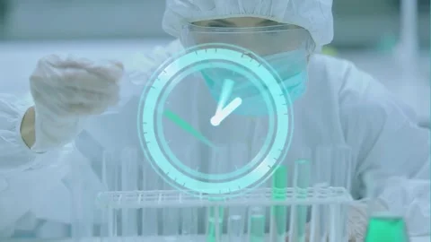 Animation of clock and mathematical formulas over businesswoman using computer Stock Footage 327644227