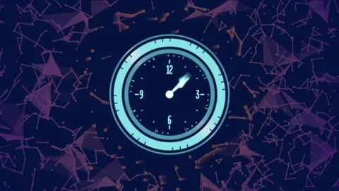 Animation of clock and network of glowing connections over black background Stockbeeldmateriaal 310304229