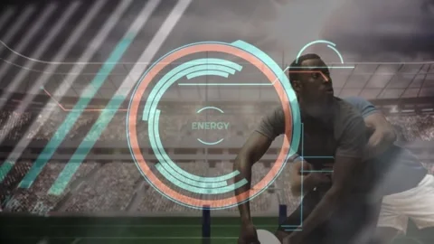 Animation of clock and processing over tired caucasian male exercising Stock Footage 327844823