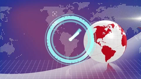 Animation of clock and scope scanning over digital brain and globe 動画素材 330338359