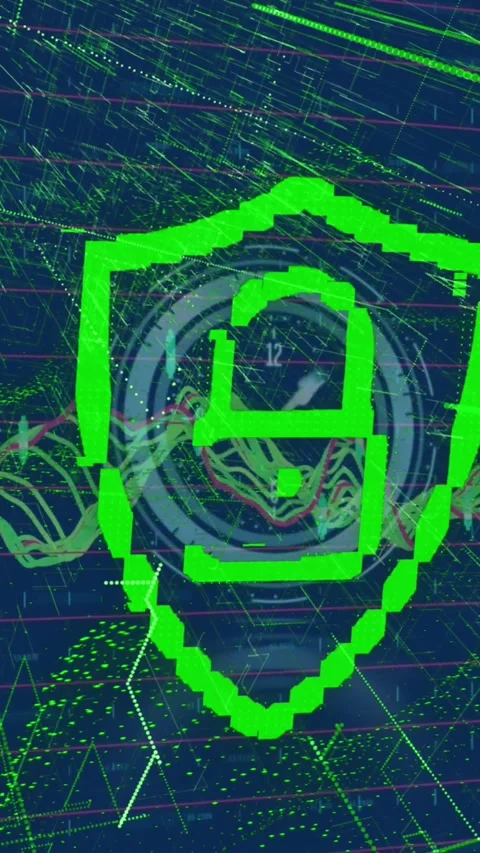 Animation of clock and security padlock over digital interface Stock Footage 342996405
