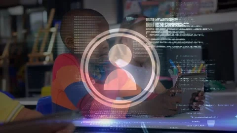 Animation of clock and statistics processing over businessman using computer Video stock 330659224