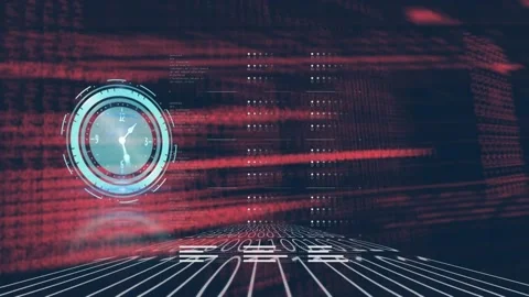 Animation of clock, binary coding and data processing on screen Stock Footage 202906271