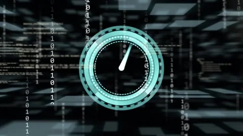 Animation of clock, data processing and binary coding over grid Stock Footage 239684596