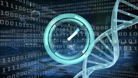 Animation of clock with dna helix over looping binary codes against hud Stock Footage 236593602