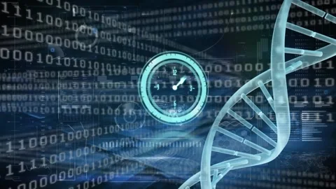 Animation of clock with dna helix over looping binary codes against hud Stock Footage 236593617