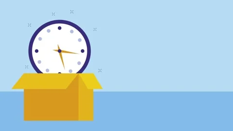 Animation of clock emerging from yellow cardboard box against blue backgrou.. Stock Footage 333896766