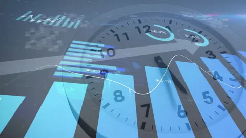 Animation of clock face with bar graph showing financial analysis data points Stock Footage 303536355