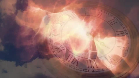 Animation of clock face with dramatic clouds and lightning effects in sky Stock Footage 303536365