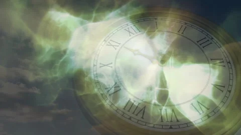 Animation of clock face over swirling green and yellow abstract light patterns Stock Footage 303536369
