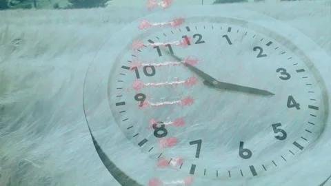 Animation of clock face with red markings overlaying ocean waves Stock Footage 306214765