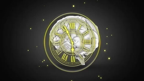 Animation of clock face with Roman numerals over brain illustration Stock Footage 304203729