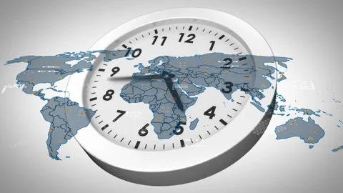 Animation of clock face with world map showing global time zones Stock Footage 304768793