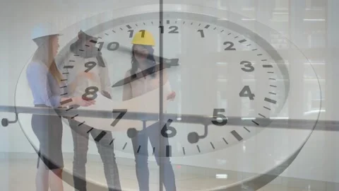 Animation of clock with fast moving hands over diverse architects studying Stock Footage 330728937