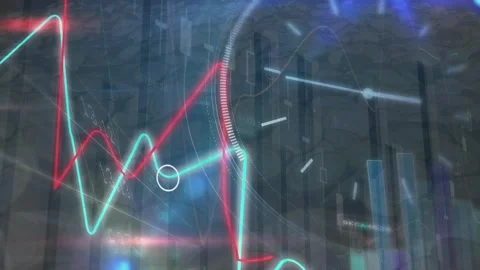 Animation of clock, financial data and graphs processing on navy digital screen Stock Footage 327848333