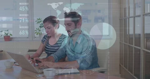 Animation of clock, financial data processing over business people using laptop Stock Footage 330659064