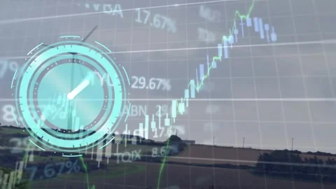 Animation of clock, graph and trading board and windmill over landscape with Stock Footage 327358309