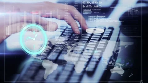Animation of clock moving fast and data processing over person typing on Stock Footage 156564805
