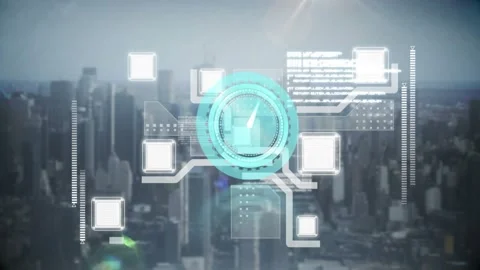 Animation of clock moving fast and data processing over cityscape Stock Footage 327269983