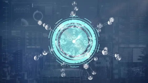 Animation of clock moving fast and data processing with globe over cityscape Stock Footage 327354698