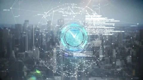 Animation of clock moving fast and data processing over cityscape Stock Footage 327706742