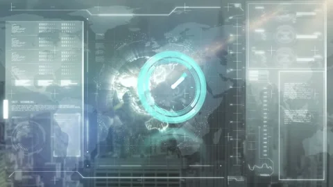 Animation of clock moving fast and data processing over cityscape Stock Footage 327713927