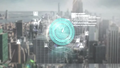 Animation of clock moving fast and data processing over cityscape Stock Footage 328600865