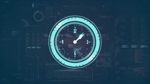 Animation of clock moving fast and data processing on digital screen Stock Footage 328641546