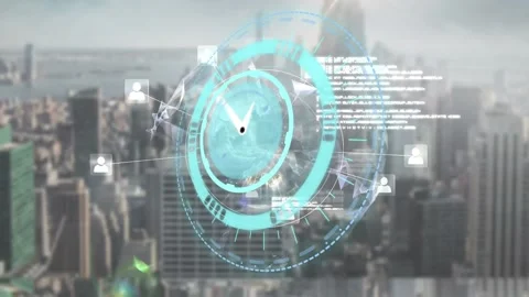 Animation of clock moving fast and data processing over cityscape Stock Footage 328976701