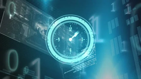 Animation of clock moving fast and data processing with binary coding over Stock Footage 330051489