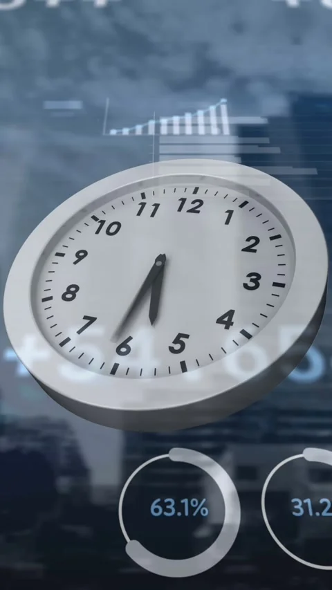 Animation of clock moving fast and data processing over cityscape Stock Footage 331649963
