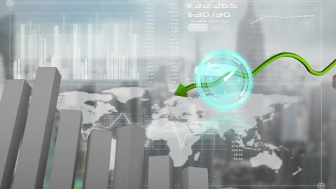 Animation of clock moving fast, green arrow and financial data processing Stock Footage 328588676