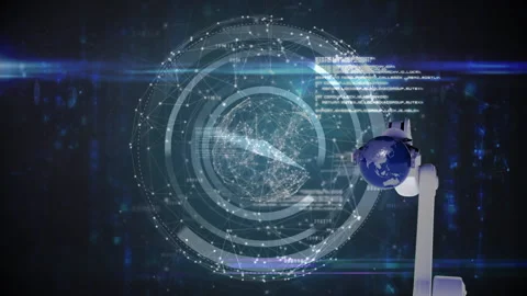 Animation of clock moving fast with network of connections and robot holding Stock Footage 146563643