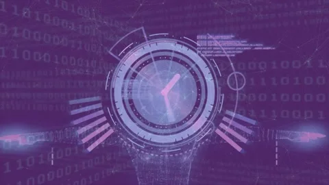 Animation of clock moving fast with networks over binary coding Stock Footage 196891925