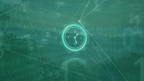 Animation of clock moving fast with networks over binary coding Stock Footage 327523462