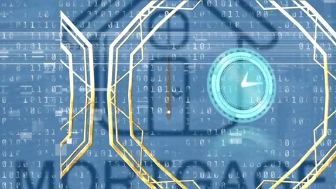 Animation of clock moving fast over house and binary coding over digital clouds Stock Footage 165313204