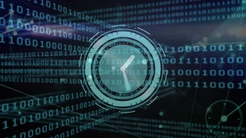 Animation of clock moving fast over networks and binary coding Stock Footage 196891905