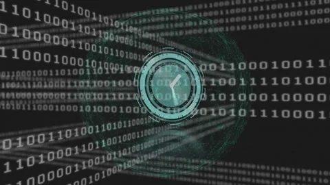 Animation of clock moving fast over binary coding Stock Footage 196891969