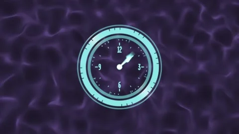 Animation of clock moving fast over purple patterned background Stock Footage 239437325