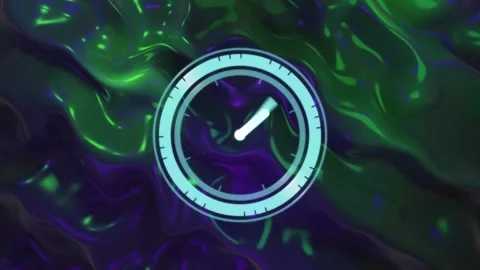 Animation of clock moving fast over purple and green patterned background Stock Footage 239437365