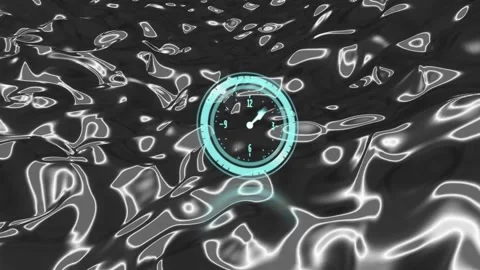 Animation of clock moving fast over grey liquid patterned background Stock Footage 239437367