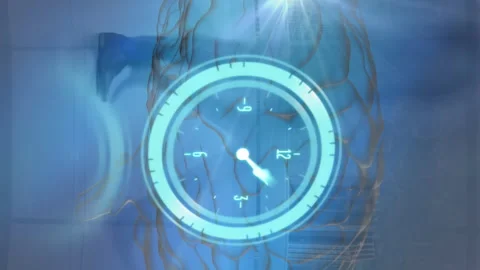 Animation of clock moving fast over man using computer Video stock 312872894