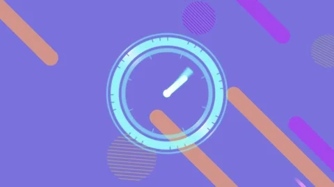Animation of clock moving fast over abstract yellow and pink shapes on blue Stock Footage 327646013