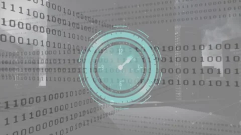 Animation of clock moving fast over binary coding Stock Footage 327901234