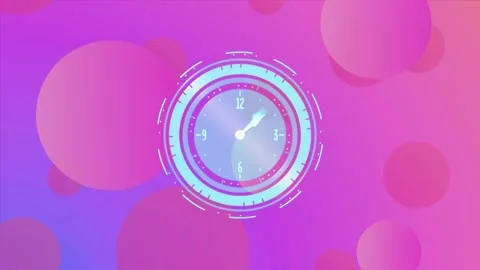 Animation of clock moving fast over pink circles on purple background Stock Footage 329362202