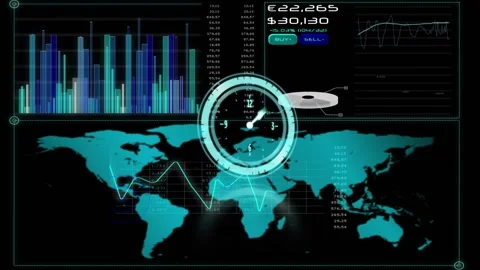 Animation of clock moving fast over world map and data processing on screen Stock Footage 330174308