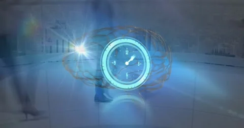 Animation of clock moving fast over man using computer Video stock 330775825